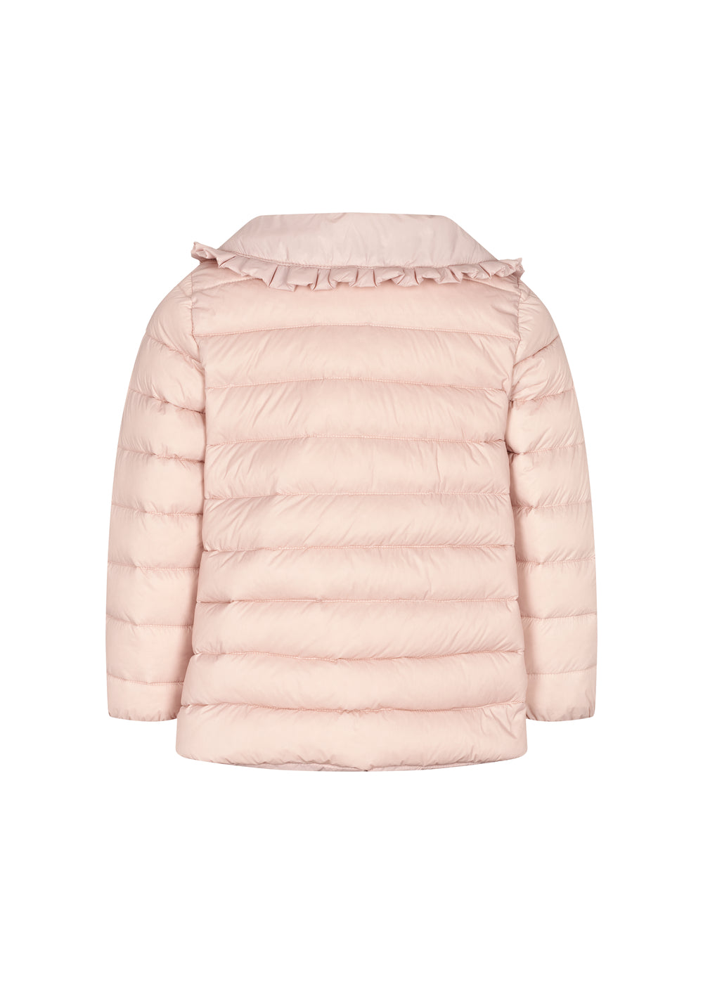 Lyserød vatteret jakke til børn med flæsekrave og lommer