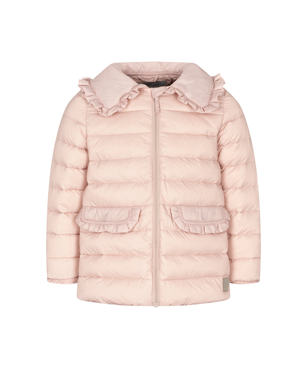Lyserød vatteret jakke til børn med flæsekrave og lommer