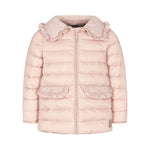 Lyserød vatteret jakke til børn med flæsekrave og lommer