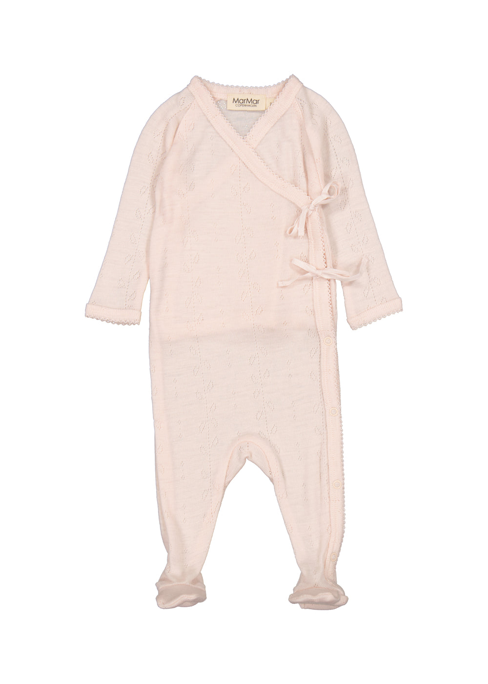 Lyserød heldragt til baby i merinould med slå-om lukning og fødder
