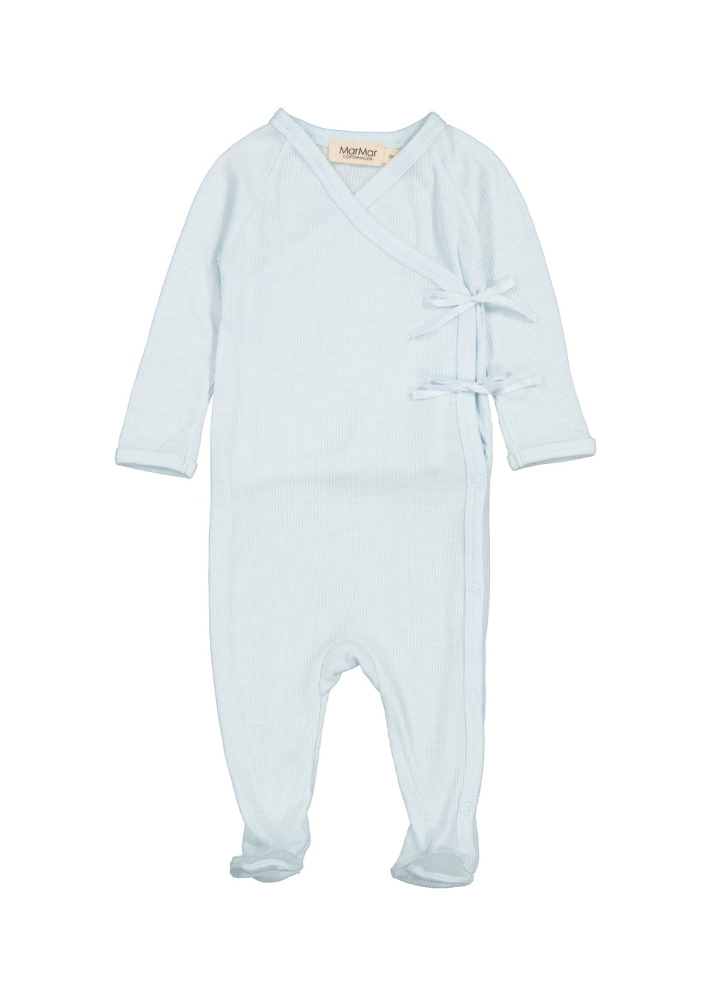 Lyseblå heldragt til baby i merinould med slå-om lukning og fødder