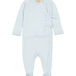 Lyseblå heldragt til baby i merinould med slå-om lukning og fødder