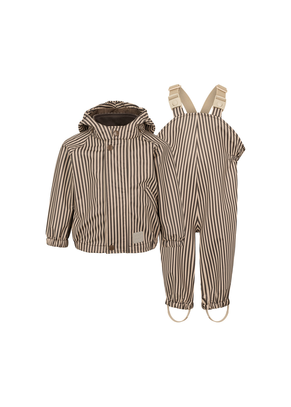 Børnesæt med regnjakke og overalls med mørkebrune striber