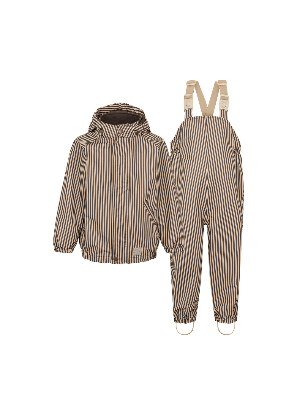 Børnesæt med regnjakke og overalls med mørkebrune striber