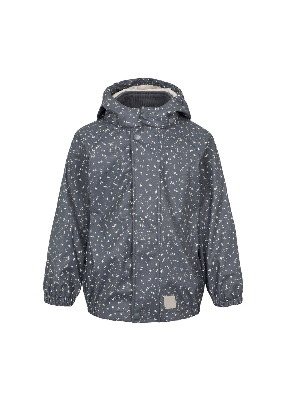 mørkeblå regnjakke til børn med småprint og hætte