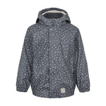 mørkeblå regnjakke til børn med småprint og hætte