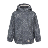 mørkeblå regnjakke til børn med småprint og hætte