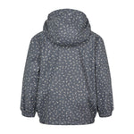 mørkeblå regnjakke til børn med småprint og hætte