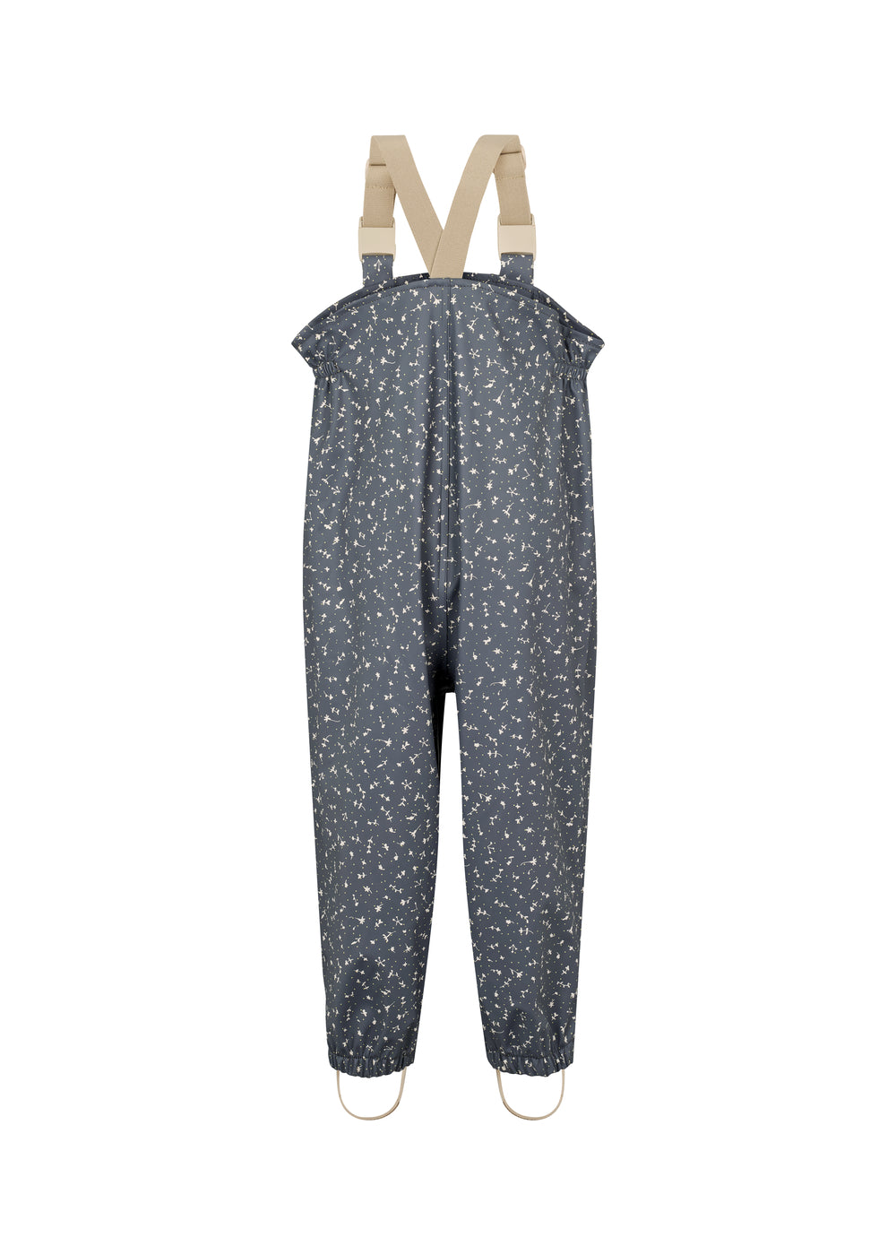 Børne-regnbukser i mørkeblå med små hvide blomster, justerbare seler og fodstropper