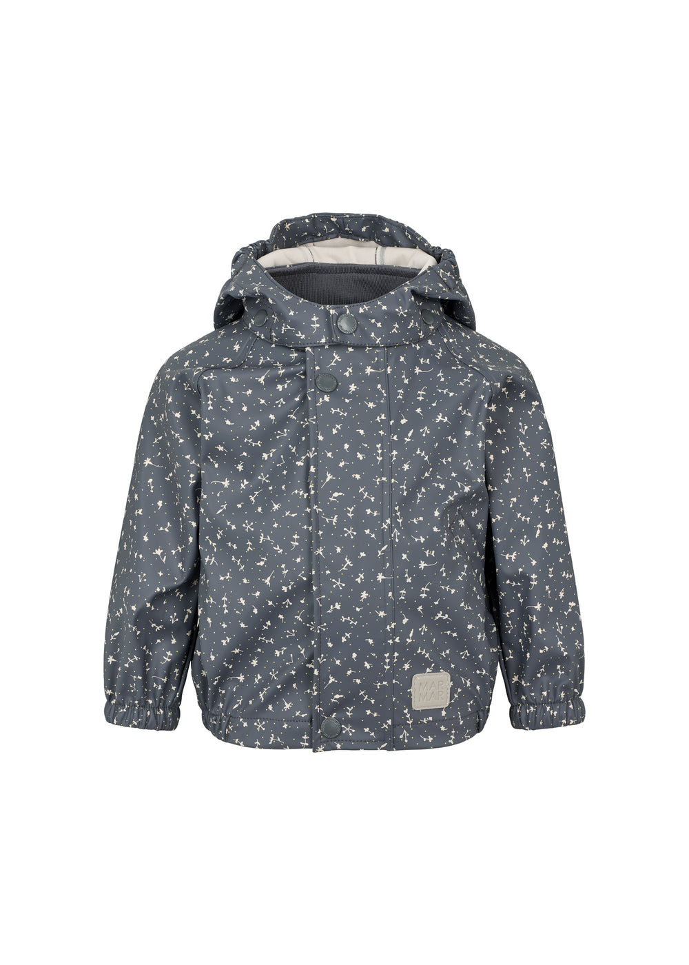 mørkeblå regnjakke til børn med småprint og hætte