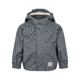 mørkeblå regnjakke til børn med småprint og hætte