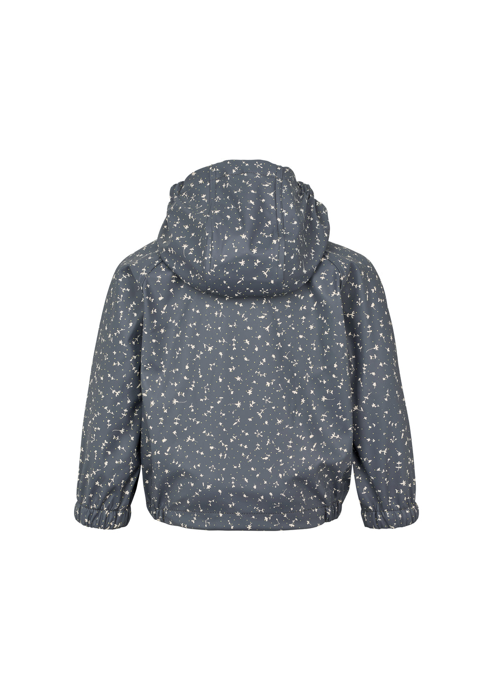 mørkeblå regnjakke til børn med småprint og hætte