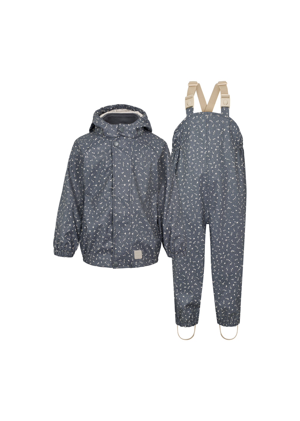 mørkeblåt regnsæt til børn med print, hætte og seler i bukserne