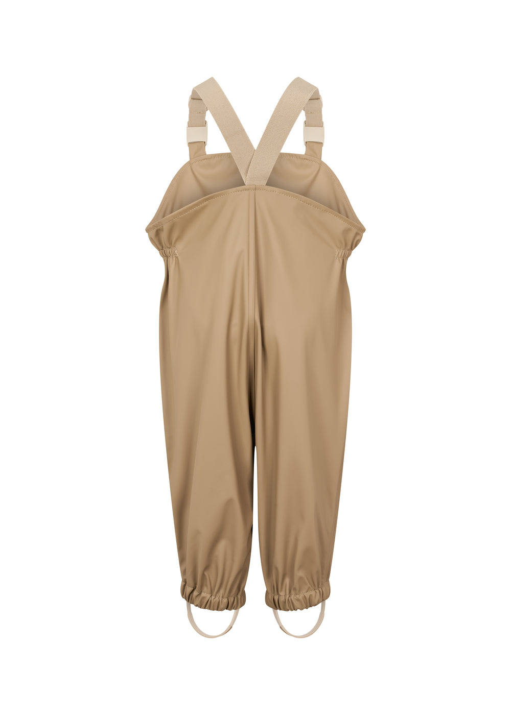beige regnbukser med seler og fodstropper, set bagfra