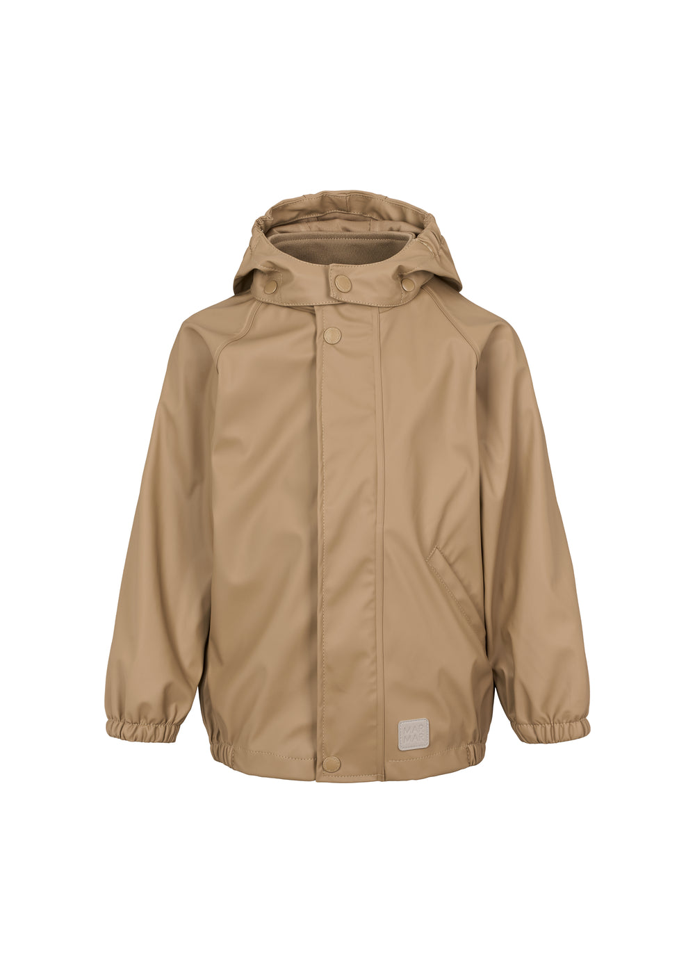 regnjakke med hætte og refleksmærke, set forfra