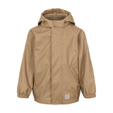 regnjakke med hætte og refleksmærke, set forfra