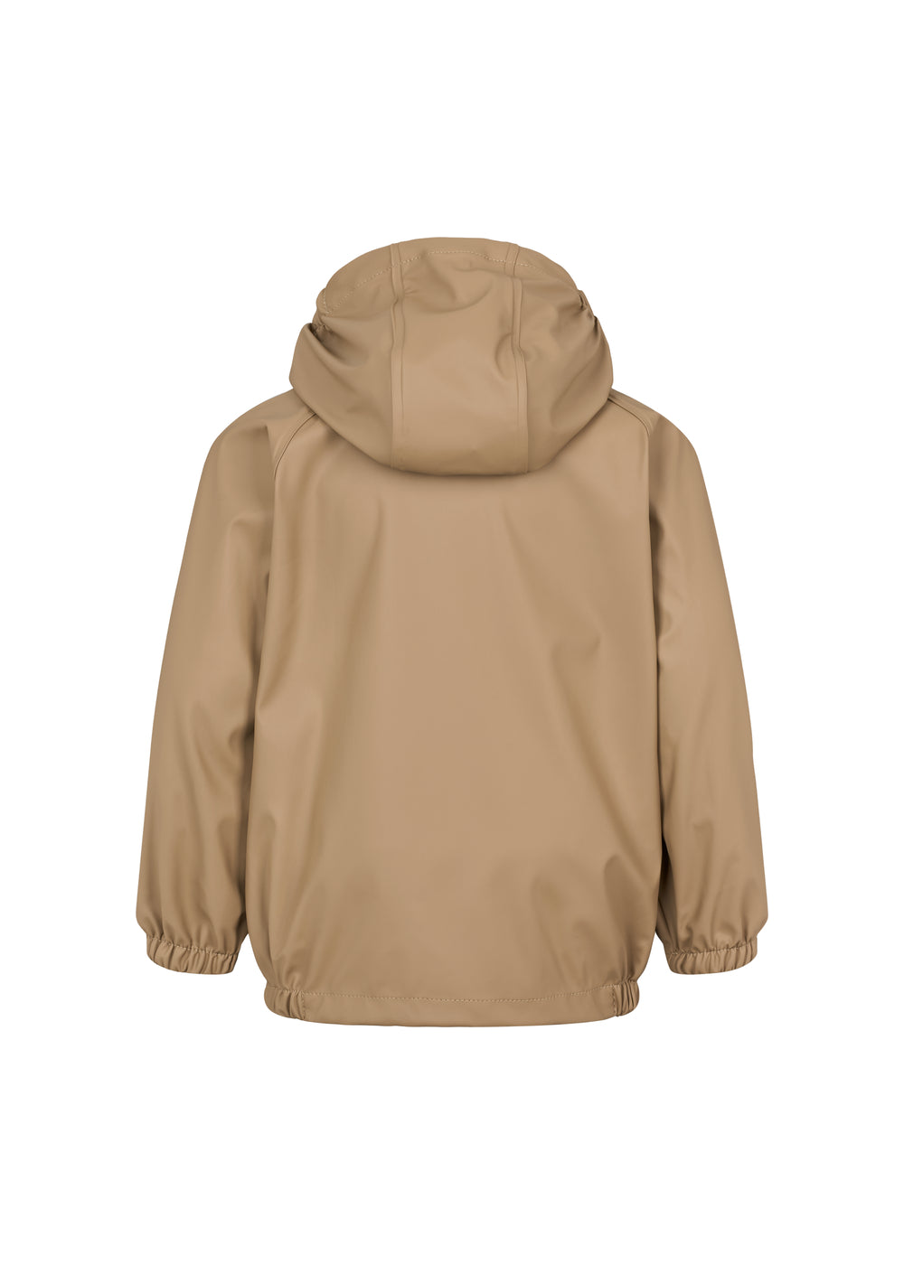 Bagside af beige regnjakke med hætte