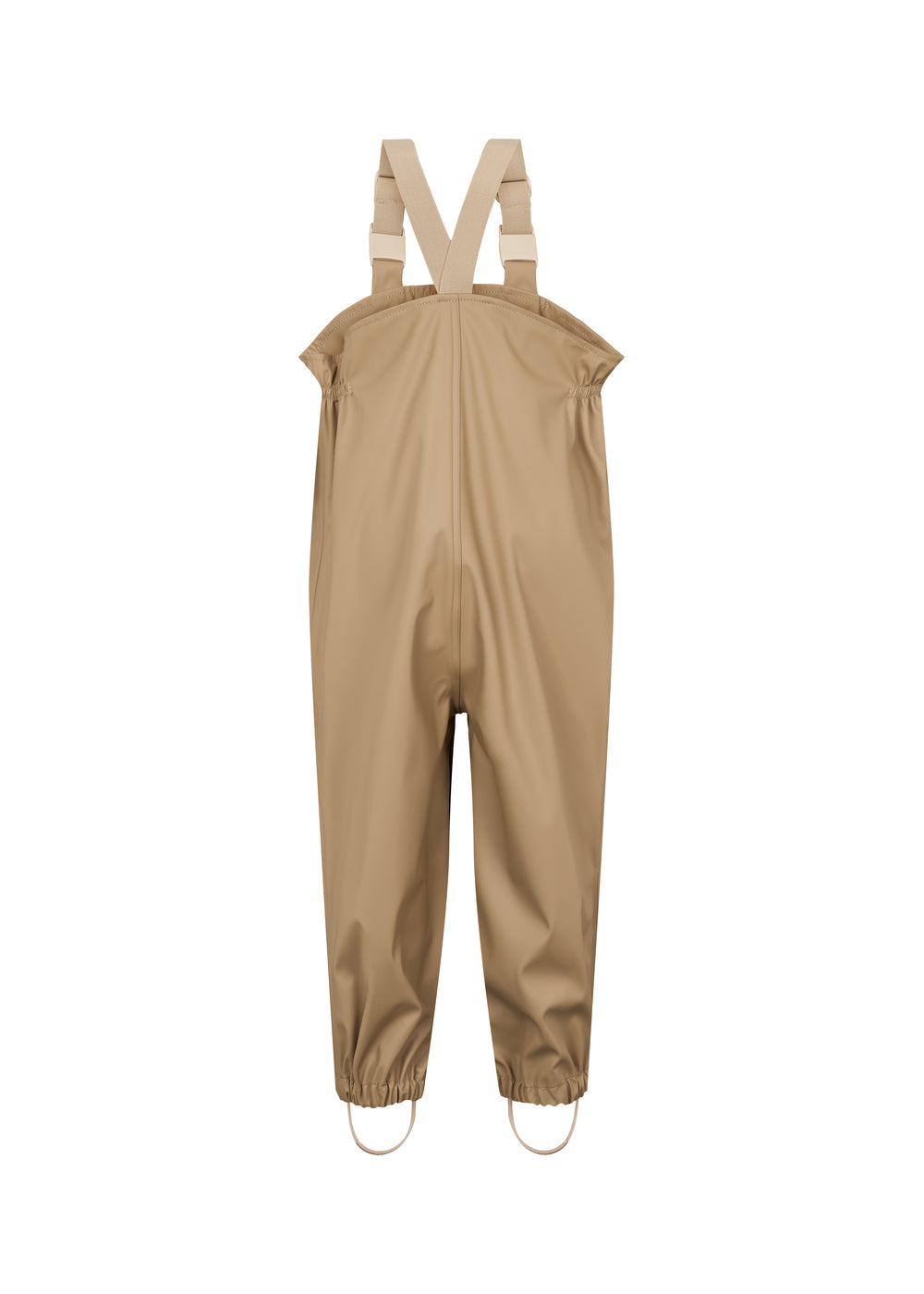 beige regnbukser med seler og fodstropper, set bagfra