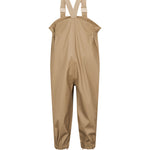 beige regnbukser med seler og fodstropper, set bagfra