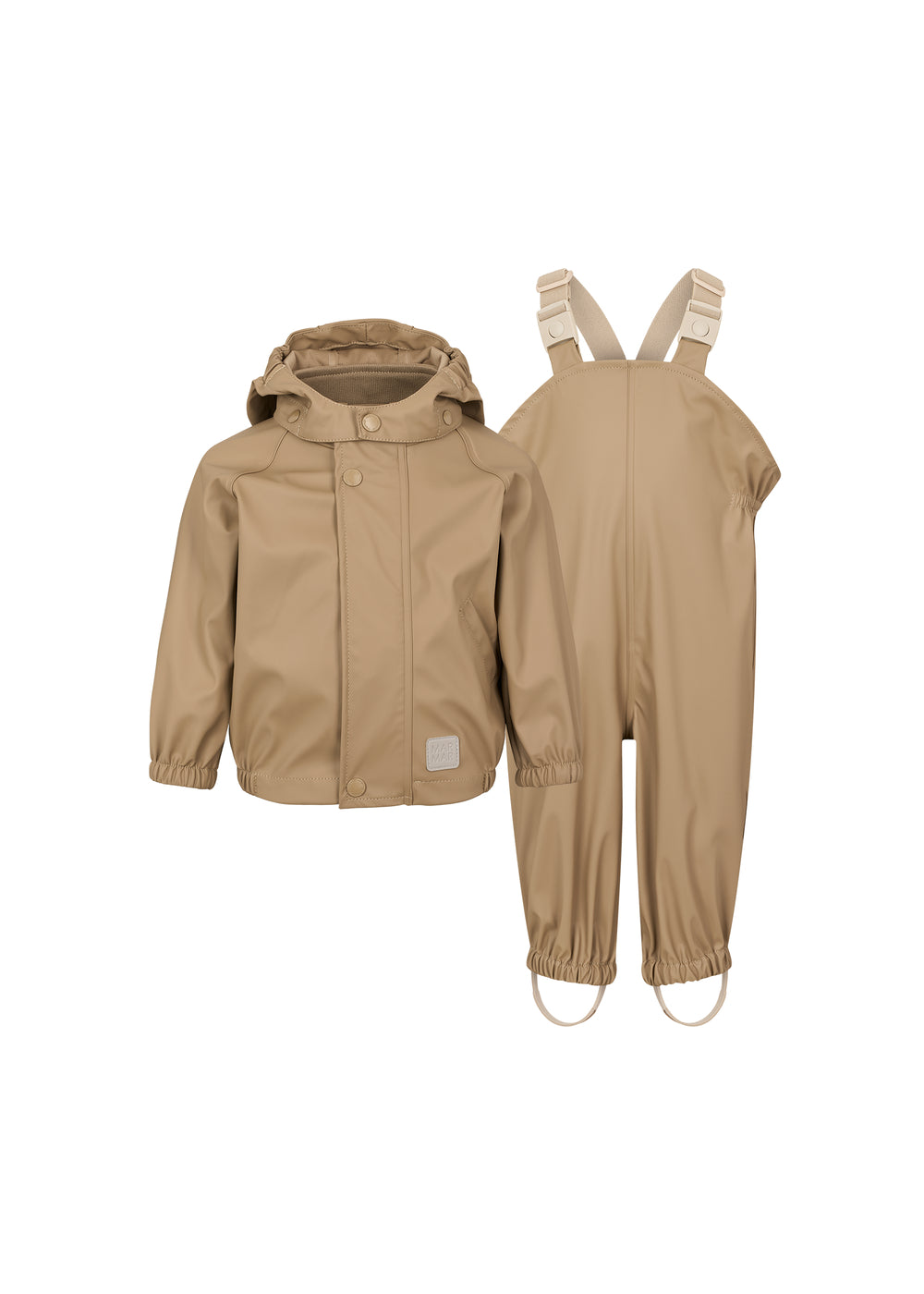 beige regnsæt til børn med hættejakke og selebukser med fodstropper