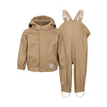 beige regnsæt til børn med hættejakke og selebukser med fodstropper
