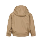 Bagside af beige regnjakke med hætte