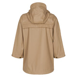 Bagside af beige regnjakke til børn med refleksdetalje og læg