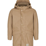 beige regnjakke til børn med knaplukning og aftagelig hætte