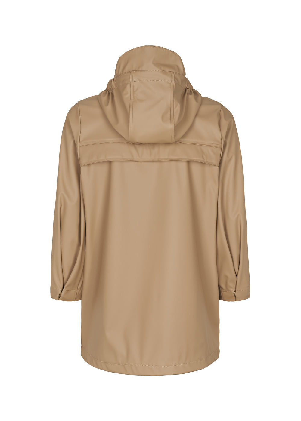Bagside af beige regnjakke til børn med refleksdetalje og læg