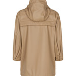 Bagside af beige regnjakke til børn med refleksdetalje og læg