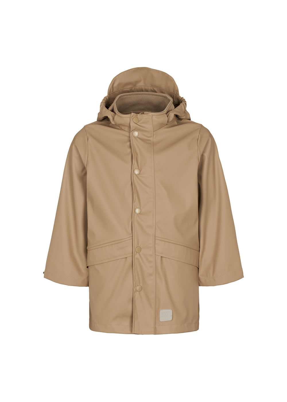 beige regnjakke til børn med knaplukning og aftagelig hætte