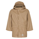 beige regnjakke til børn med knaplukning og aftagelig hætte