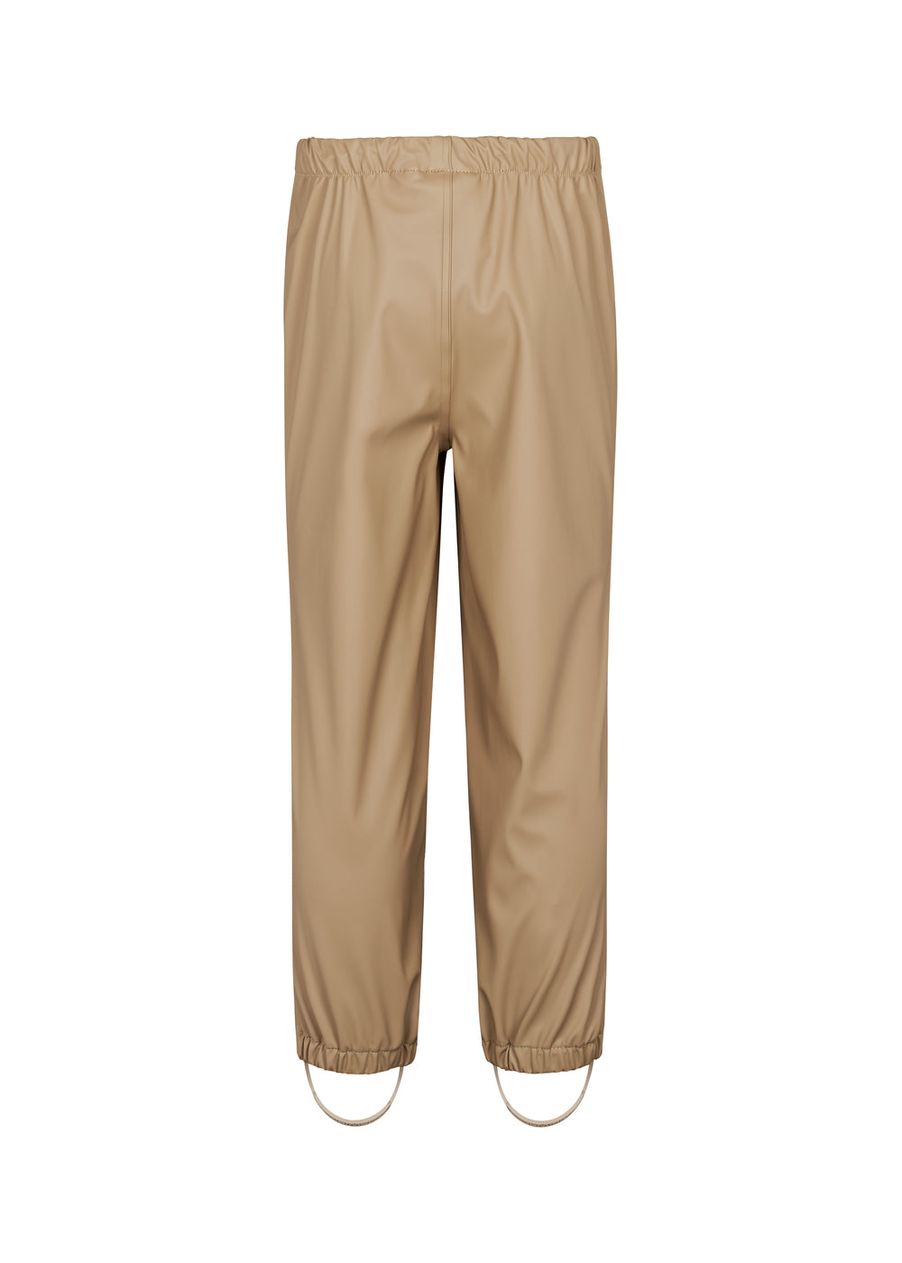 Bagside af beige regnbukser til børn med elastik og fodstropper