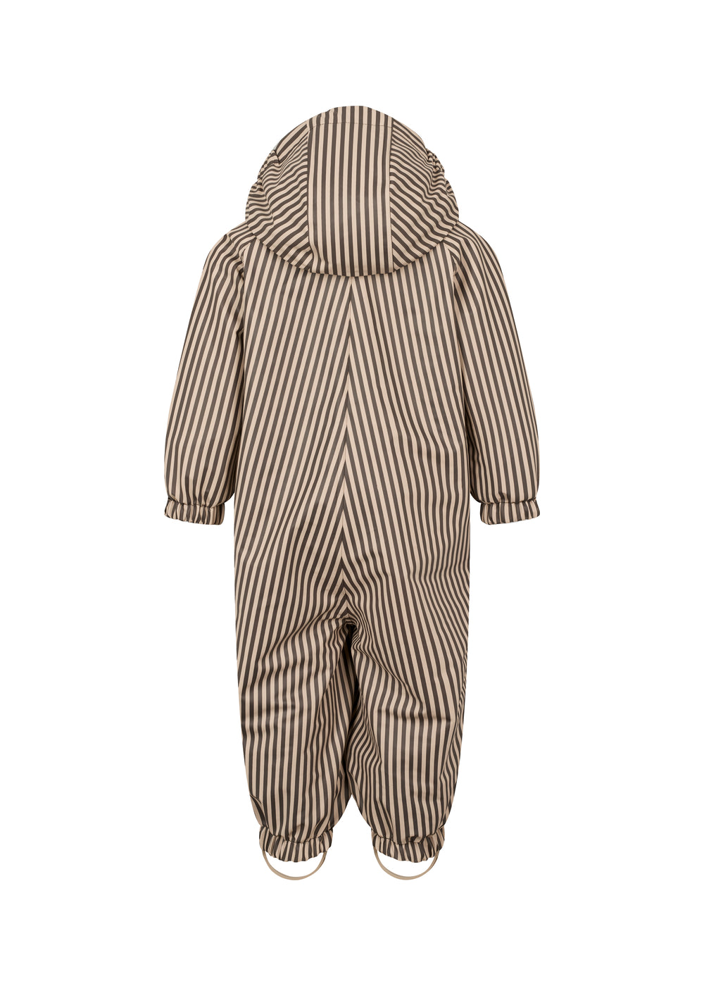 Brun og hvid striped regndragt til børn med hætte og elastikstropper