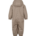 Brun og hvid striped regndragt til børn med hætte og elastikstropper