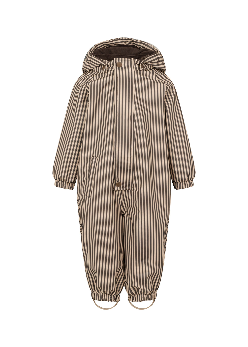 Brun og hvid striped regndragt til børn med hætte og elastikstropper