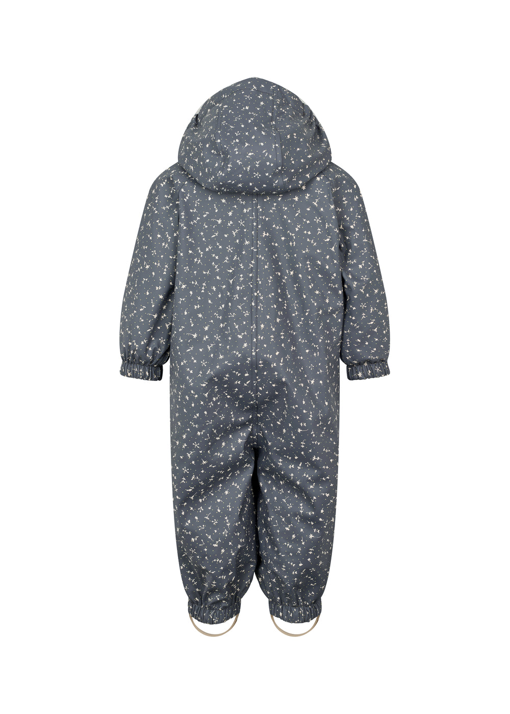 Blå regndragt til børn med hvide pricker, hætte og elastikstropper