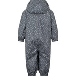 Blå regndragt til børn med hvide pricker, hætte og elastikstropper