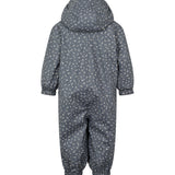 Blå regndragt til børn med hvide pricker, hætte og elastikstropper