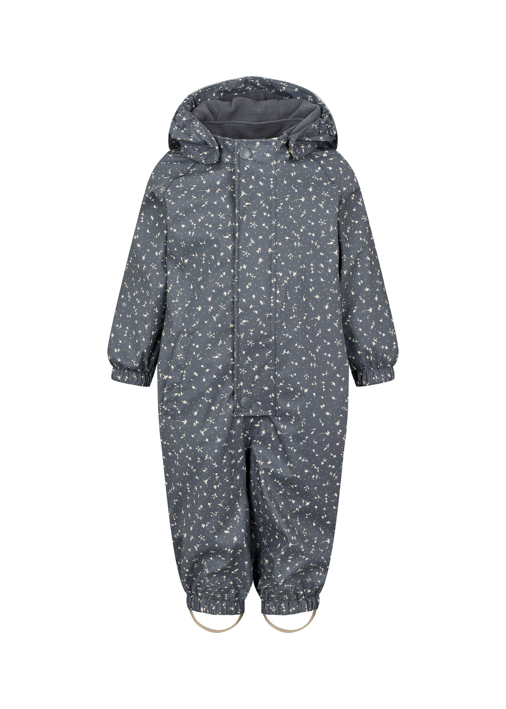 Blå regndragt til børn med hvide pricker, hætte og elastikstropper