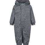 Blå regndragt til børn med hvide pricker, hætte og elastikstropper