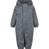 Blå regndragt til børn med hvide pricker, hætte og elastikstropper