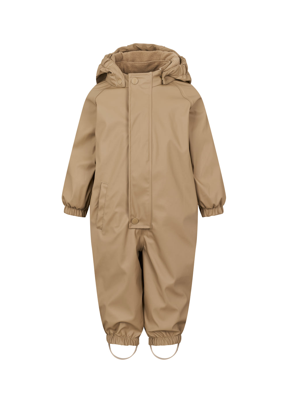 Beige regndragt til børn med hætte og elastikstropper
