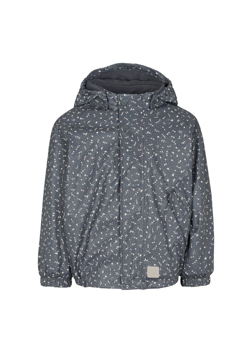 Mørkegrå regnjakke til børn med hætte og små prikker