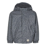 Mørkegrå regnjakke til børn med hætte og små prikker