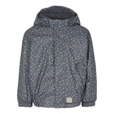 Mørkegrå regnjakke til børn med hætte og små prikker