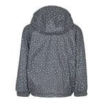 Mørkegrå regnjakke til børn med hætte og små prikker