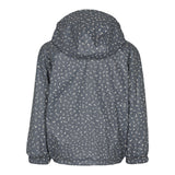 Mørkegrå regnjakke til børn med hætte og små prikker