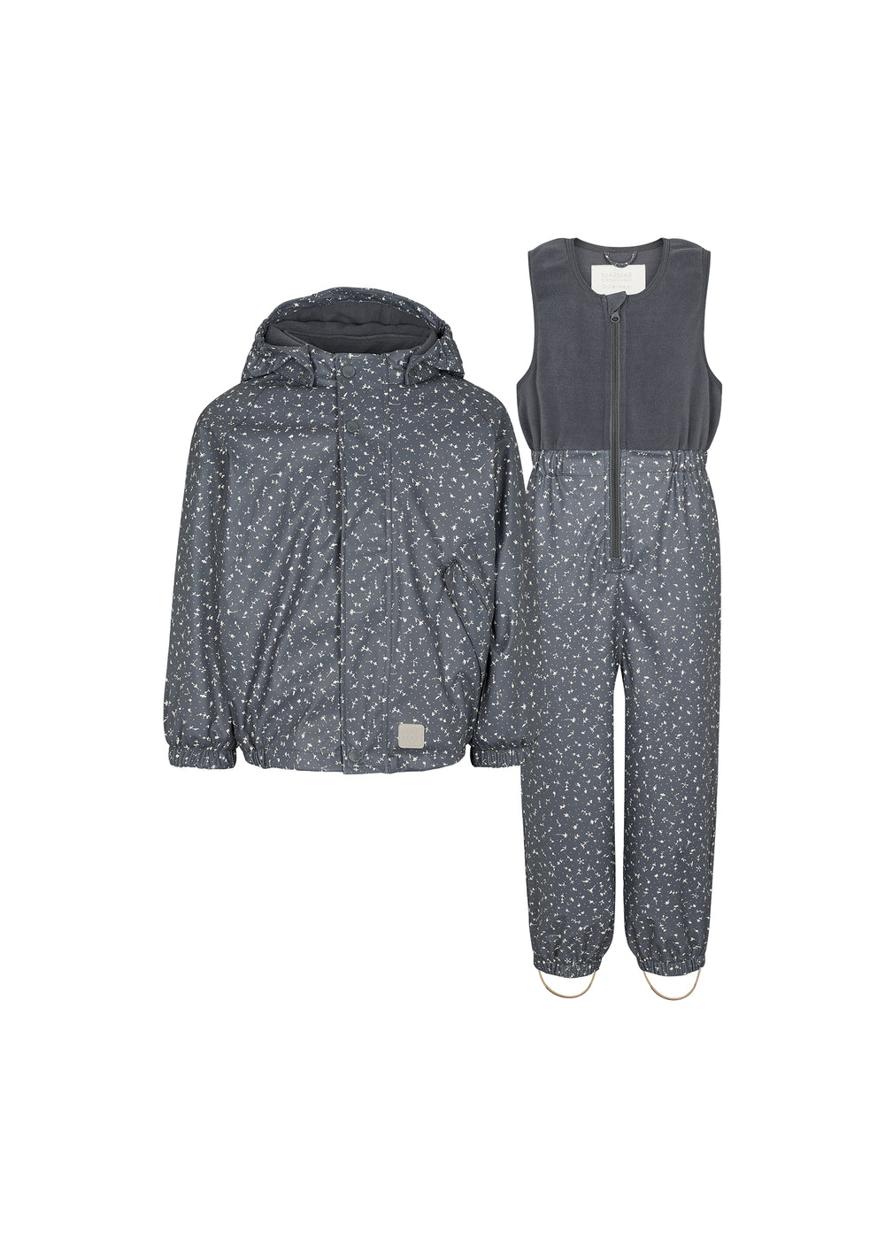 Regnsæt til børn i mørkegrå med små prikker, jakke og selebukser
