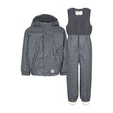 Regnsæt til børn i mørkegrå med små prikker, jakke og selebukser